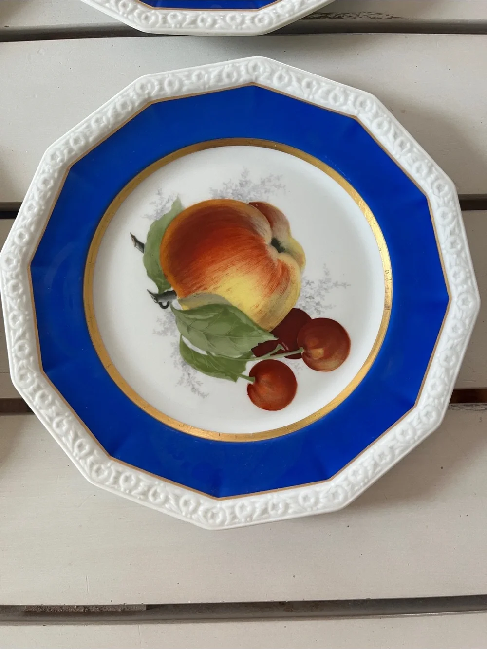 The Rosenthal Octagonal Fruit Motif Lunch Plates in Cobalt Blue and Gold Trim